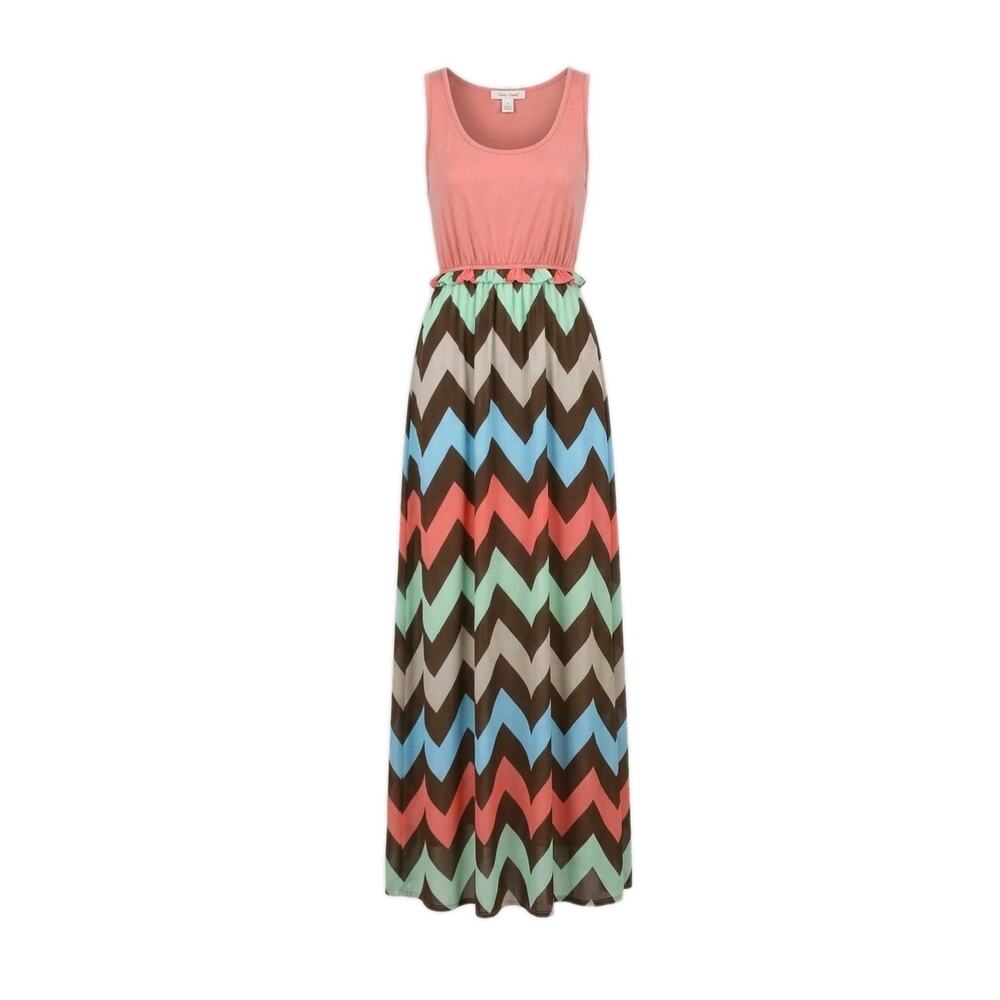 Chevron Print‎ Sleeveless Maxi Dress Pink Brown Blue Size 3 4 Stretch Knit